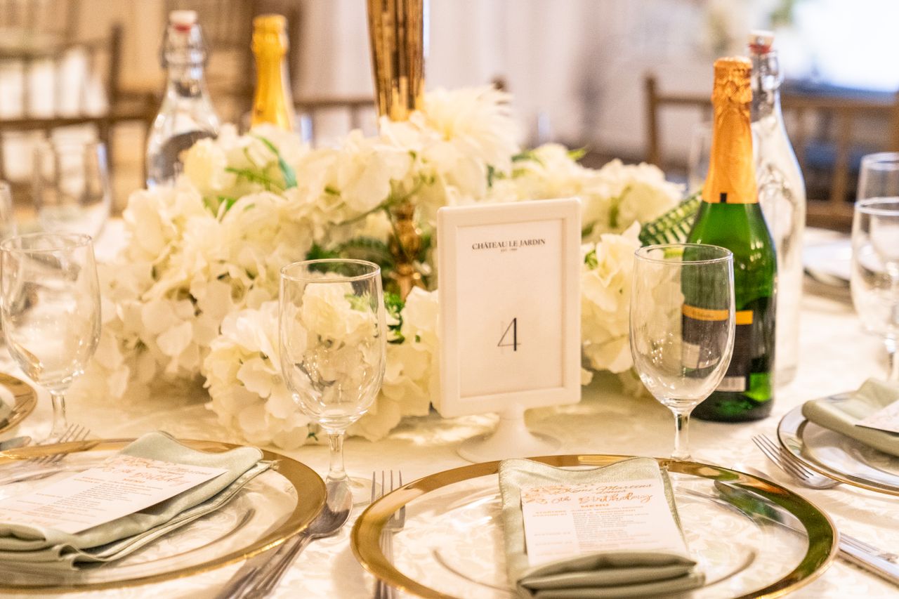 Beautifully arranged table with floral centerpiece and champagne for a special occasion.